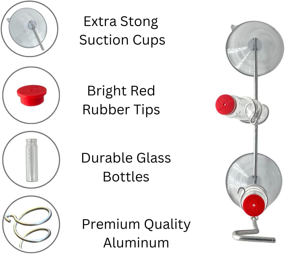 Window Hummingbird Feeder | Handcrafted Copper and Aluminum | Multiple Stations | Modern Hummingbird Feeder | Glass Bottles | Suction Cups (Copper, Four Station)