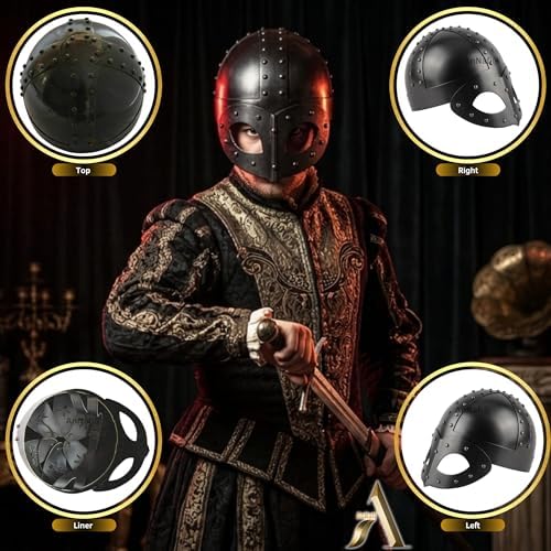AnNafi® Black Plated Antique Medieval Viking Mask Helmet, Premium Quality Soldier Helm Adult with Liner & Strap
