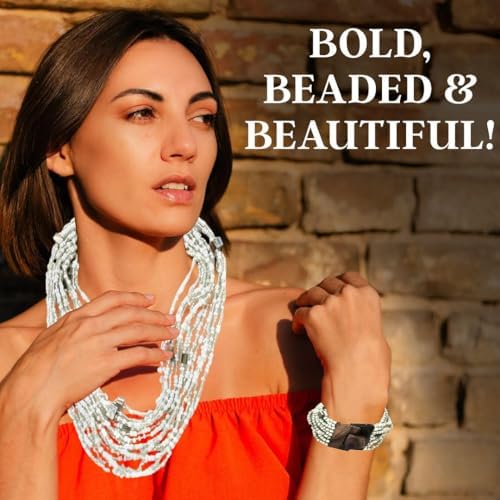 Shop LC Seed Bead Necklace Bracelet Set Boho Jewelry for Women | Multi Layered Boho, Wooden Clasp, 18 Inch Necklace, Stretchable Bracelet