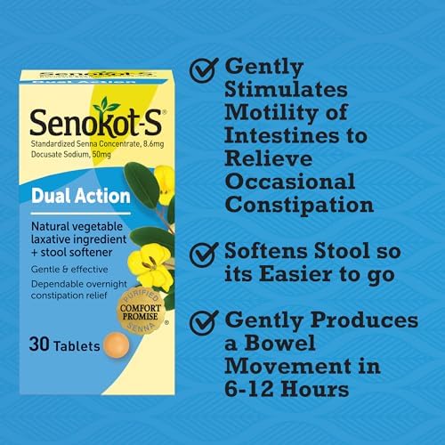 Senokot-S Dual Action 60 Tablets, Natural Vegetable Laxative Ingredient Plus Stool Softener Tablets, Gentle Dependable Overnight Relief of Occasional constipation White