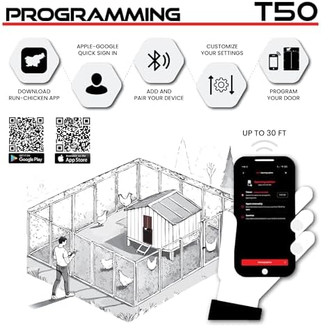 RUN-CHICKEN Door T50 – Automatic Chicken Coop Door Opener, Battery Powered & Weatherproof Aluminum, Smart App & Timer Control, Predator Proof