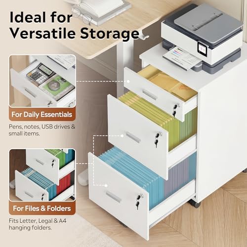 DEVAISE 3 Drawer File Cabinet with Lock & Wheels, Wood Printer Stand | Mobile Filing Cabinet Fits Letter/A4 Size; Rustic Brown Wood Printer Stand Keeps Home Office Files Secure And Organized