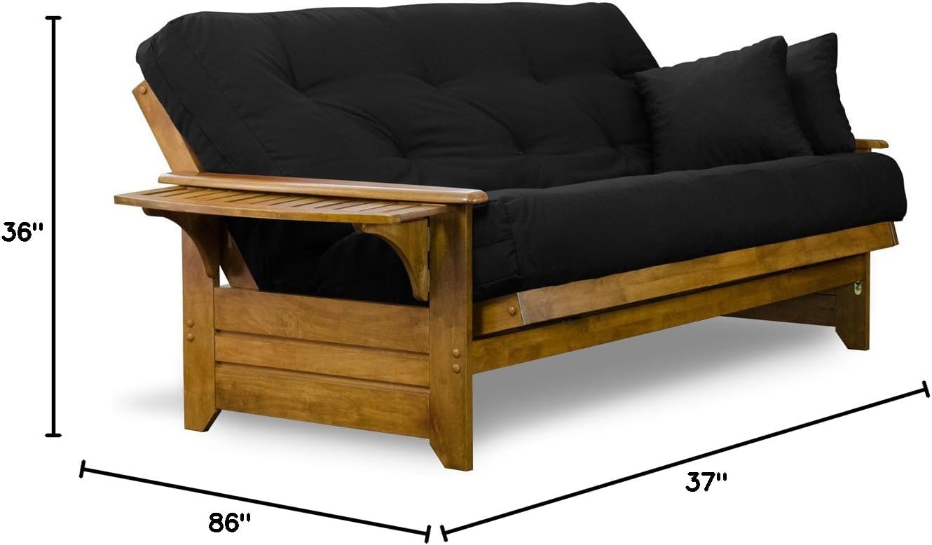 Brentwood Tray Arm Futon Frame, Drawers, and Khaki Mattress Set - Queen, Rich Heritage Finish