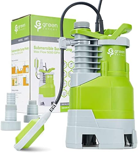 Green Expert 1.5HP Submersible Sump Pump High Flow 5000GPH 25ft Power Cord Manual Automatic On/Off for Water Removal from Basement Sump Pit Pools
