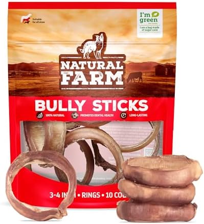 Natural Farm Odor Free Bully Sticks Ring Shaped (3-4 Inch, 10 Pack) - 100% Beef Chews for More Engagement & Fun, Grass-Fed, Non-GMO