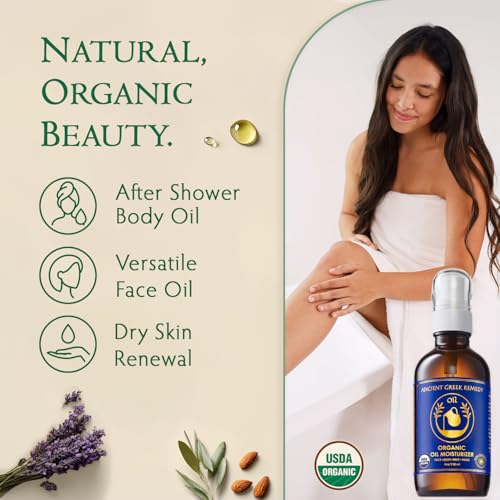 Organic Body & Face Oil for Dry Skin, Hydrating After Shower Moisturizer | Lightweight Nourishing Facial & Body Oil, Natural Cold-Pressed Almond, Olive, Jojoba, Rosehip & Lavender Oils, Vitamin E