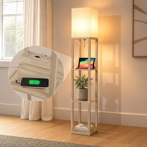 Brightech Maxwell Charger - Modern Shelf Floor Lamp with USB Charging Ports & Electric Outlet - Corner Display Floor Lamps with Shelves for Living