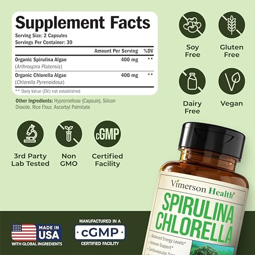 Organic Spirulina and Chlorella Capsules - Spirulina Capsules with Chlorella Powder for Immune