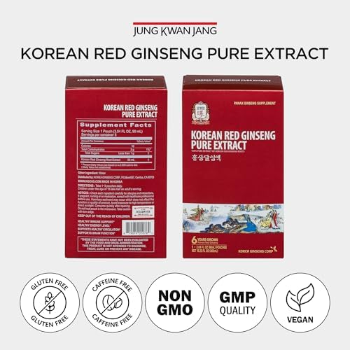 Jung Kwan Jang Korean Ginseng Pure Extract Cut - Immnue Support 30 Pouches | Sorted By Root Grade: Earth, Good & Cut, Korean Red Panax Ginseng, Ready-To-Consume Packet Supplement Drinks for Men & Women