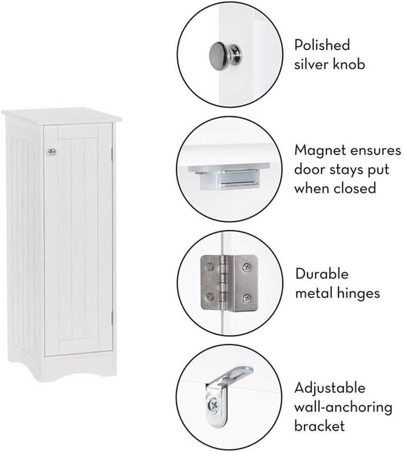 RiverRidge Ashland Single Door Slim Bathroom Storage Cabinet, White | Inset Beadboard Details
