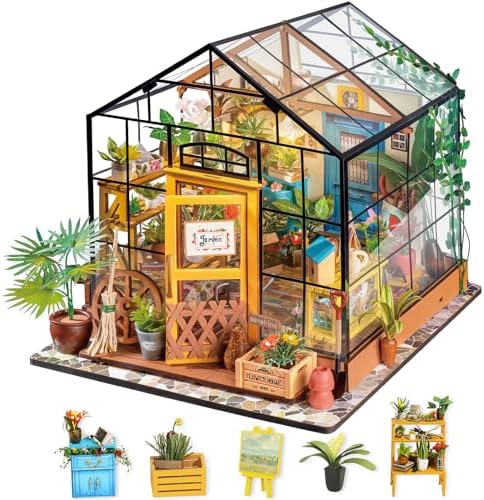 Rolife Greenhouse DIY Miniature Dollhouse Kit Creative Gift for Adults | 1:18 Scale Cathy's Flower House with LED Light, Wooden 3D Puzzle Model Kit