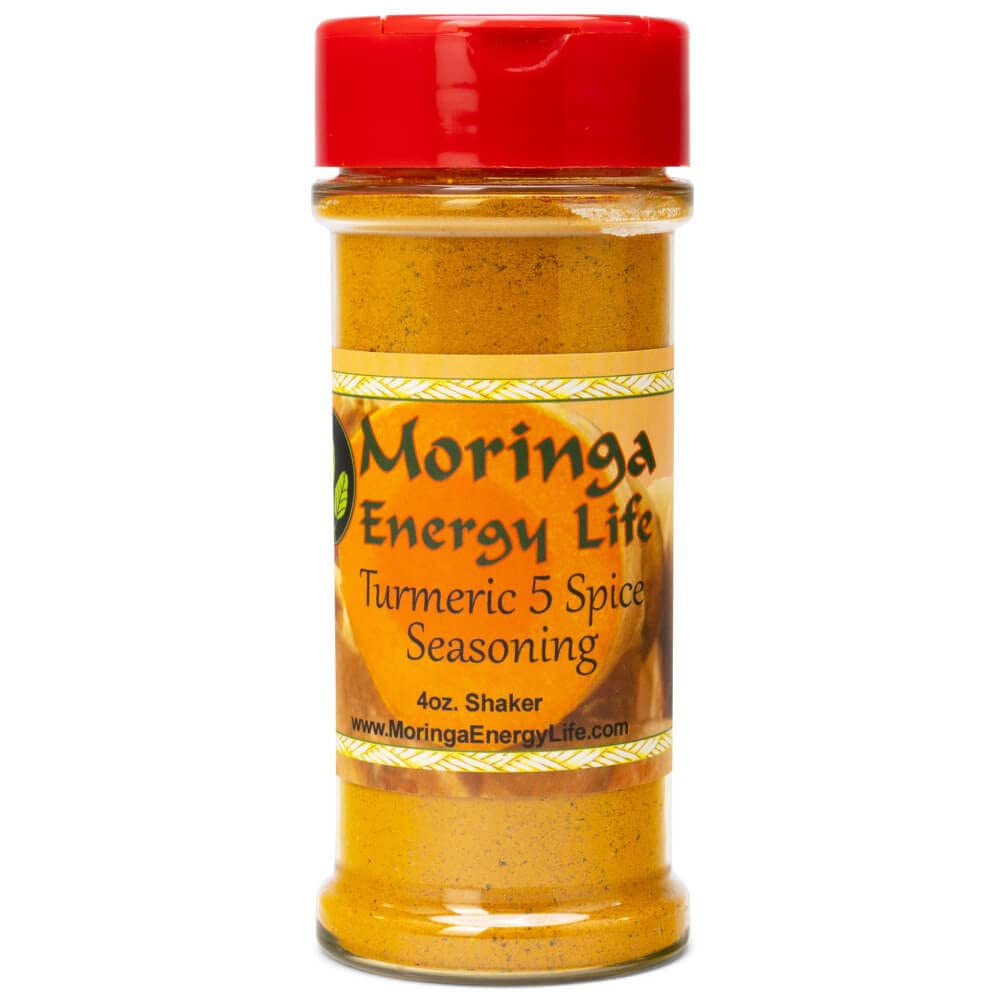 Moringa Turmeric 5 Spice Seasoning 4oz Fresh Turmeric Powder, Moringa Leaf Powder, Pink Himalayan Sea Salt, Black Pepper & Garlic. Moringa Shaker