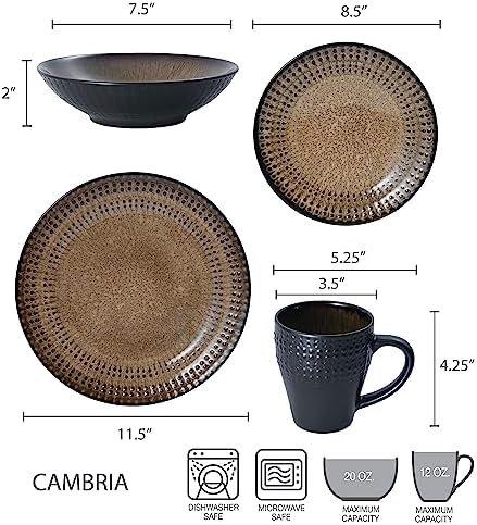 Pfaltzgraff Cambria 16-Piece Stoneware Dinnerware Set, Service for 4, Dark Brown