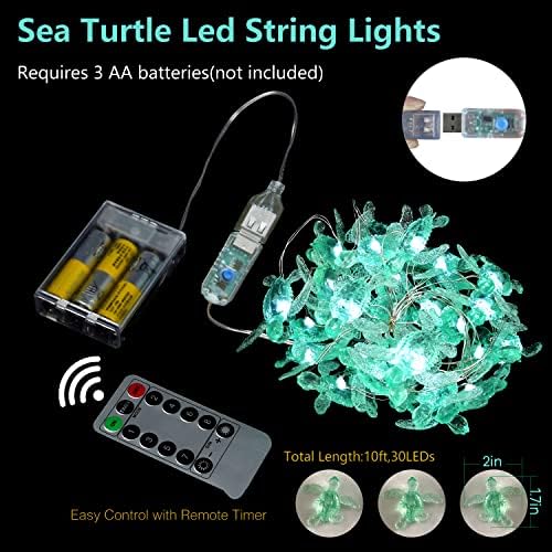 Beach Theme -Cute Green Sea Turtle String Lights- Ocean Fairy Decorative Lights- 10ft 30 LEDs -USB Powered -Multi-Function- Remote Control-Christmas
