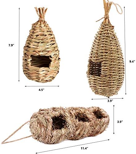 Hummingbird House, Pack of 3 Grass Bird Hut, Hand Woven Hanging Birdhouse Outside Roosting Pocket Nest for Hummingbird Wren Sparrow Wicker Finch Chickadee