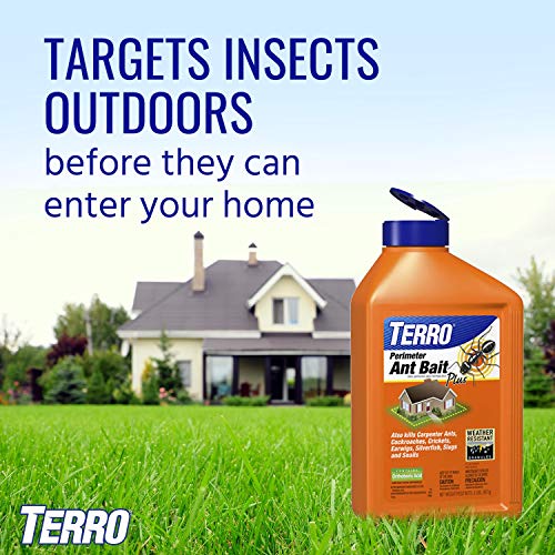 TERRO Perimeter Outdoor Ant Bait Plus, 2-Pack, 2 lb Shaker Canisters | Attracts and Kills Carpenter Ants, Roaches, Crickets, Earwigs, Silverfish, Slugs & Snails for Pest Control, 4-Week Protection