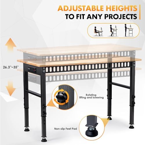 48" Adjustable Workbench, Work Table with Wheels and Power Outlet | 2000LBS Load Capacity Rubber Wood Top Workstation, Heavy-Duty Craft Table for Garage Workshop