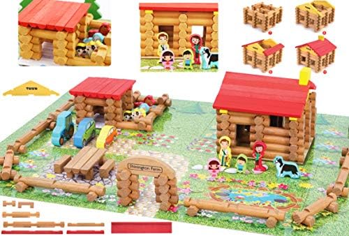 TOWO Wooden Log Building Set, 207-Piece Farm House Construction Toy | 207-piece wooden log farm playset for building a farmhouse