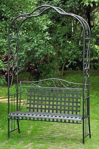 Pemberly Row Iron Patio Arbor Bench, 87" H x 51.5" W x 20" D, Antique Black Dual Powder Coated Finish, Weather Resistant, UV Protected, Easy Assembly