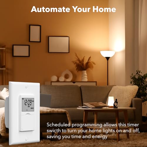 BN-LINK 7 Day Programmable in-Wall Digital Timer Switch for Lights, Fans | 18 ON/OFF Programs, Random/DST Mode, Single Pole or 3 Way Light Switch Timer, 15A/1875W, Neutral Required, No Backlight, ETL