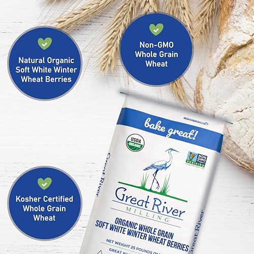 Great River Milling Organic Soft White Wheat Berries, Non-GMO, 25 lb | Organic Soft White Wheat Berries for home-milled flour for cakes, muffins, biscuits, pancakes, cookies and pie crust; mild