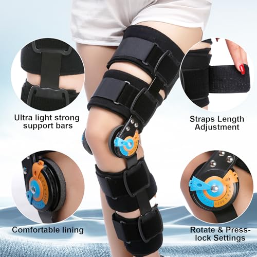 Hinged Knee Brace ROM Post Op Knee Immobilizer Adjustable Knee Immobilizer Support with Side Leg Stabilizersfor Meniscus Tear, Arthritis, ACL, PCL