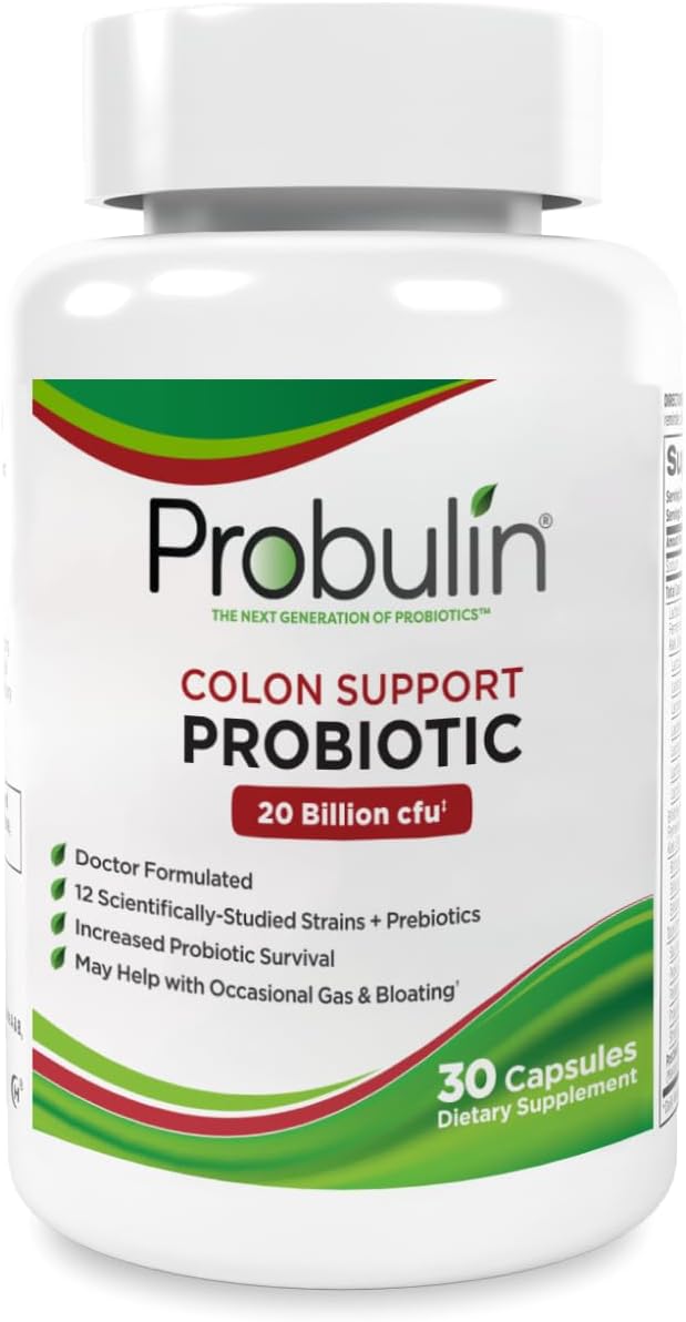 Probulin Colon Support Daily Probiotic + Prebiotic + Support Gut Health, Occasional Gas and Bloating - 20 Billion CFU - 12 Strains, 30 Vegan Capsules