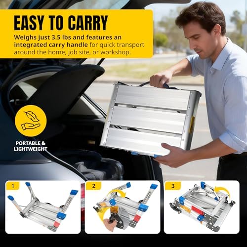 MaxWorks Folding Aluminum Work Platform and Step Stool 350 lb Capacity Lightweight Portable Step with Carry Handle for Garage Home and Jobsite Use
