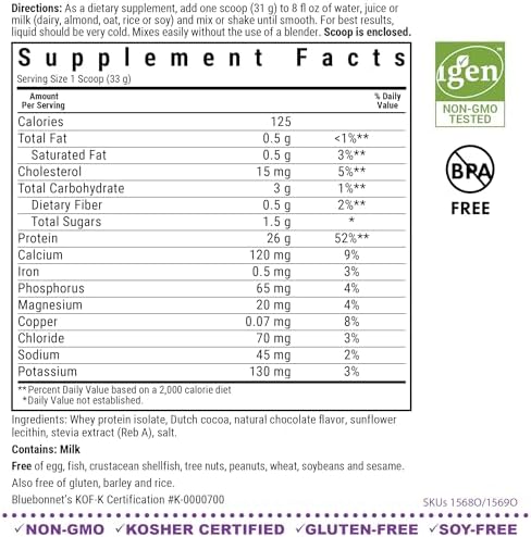 Bluebonnet Grass Fed Whey Protein Isolate 26 g Energy & Workout Recovery BCAA Amino Acids - Gluten-Free, Non-GMO