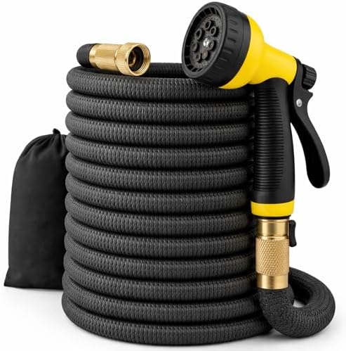 J&B XpandaHose 75ft Expandable Garden Hose, Lightweight, Brass Connectors | Ultra Strong 3750D fabric, 4-layer latex core, expands 3X, kink & leak-resistant, 10-pattern nozzle, storage bag