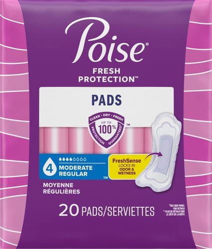 Poise Incontinence & Postpartum Pads for Bladder Leaks, 4 Drop Moderate Absorbency, Regular Length, 20 Count, Packaging May Vary