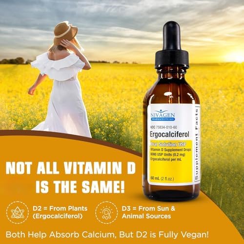 Nivagen Vitamin D2 Liquid Drops 8, 000 USP (Ergocalciferol) | 400 IU per Serving | 2 Drops Once Daily | 1, 200 Servings