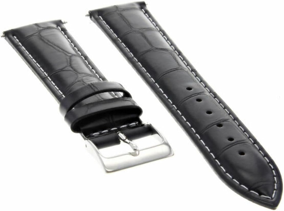 Ewatchparts 19mm Black With White Stitching Leather Watch Band Replacement Watch Strap Silver Buckle Compatible With Invicta Russian