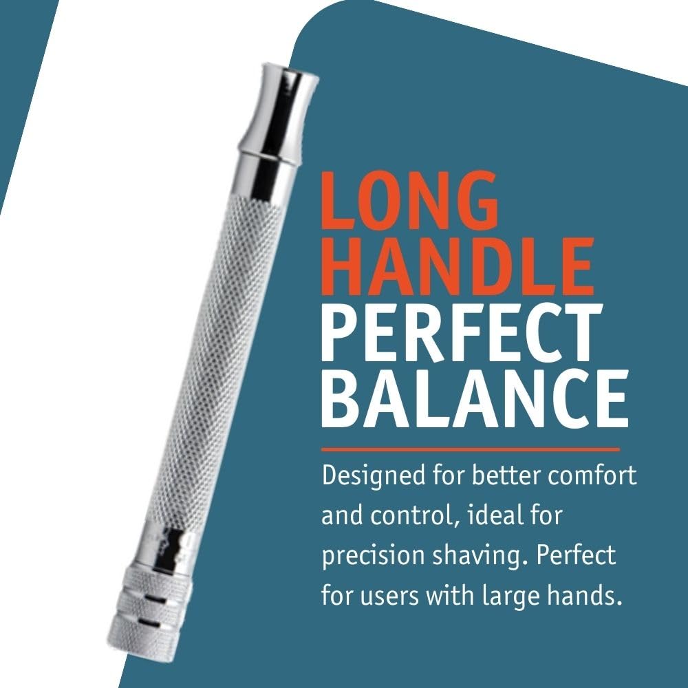 MERKUR 23C Double Edge Safety Razor - Polished Chrome, Long Knurled Brass Handle, Made in Germany, Plastic-Free, Three Piece Design, Closed Comb, Straight Bar