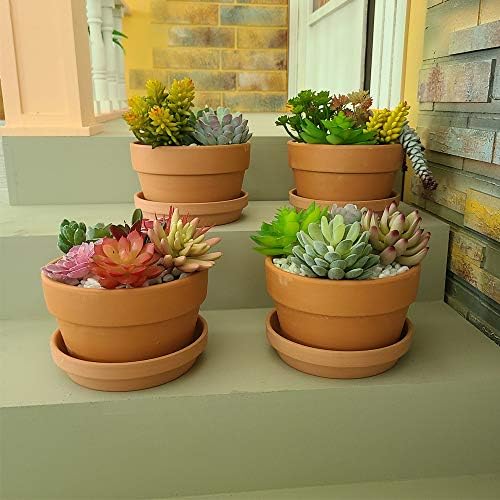 Yishang 6 Inch Terracotta Shallow Planters with Saucer/Tray, Ceramic Flower Clay Plant Pots with Drainage Hole