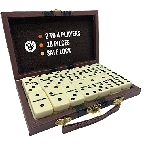 Kicko Domino Set - 28 Pieces Double Six Classic Dominoes in Durable Wooden Brown Box - Fun Mini Board Game for 2-4 Players - Ideal for Boys, Girls, Adults - Family Game Night and Vintage Party Games