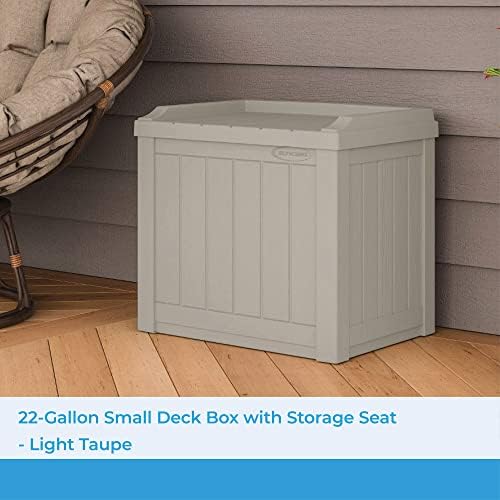 Suncast Outdoor Storage Box - 22 Gallon Light Taupe Resin Outdoor Deck Box with Seat, Weatherproof Patio Storage Bin Container for Keeping Cushions