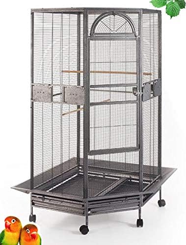 64" Extra Large Corner Bird Flight Breeding Wrought Iron Rolling Parrot Cage Side Solid Metal Plate Feed Doors Pull Out Removable Grate and Tray
