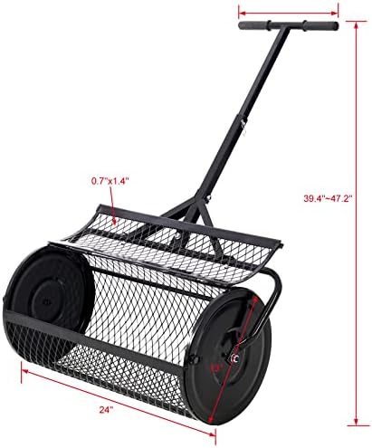 Compost Spreader - 24'' Peat Moss Spreader Manure Spreaders Roller with Adjustable T Shaped Handle Lightweight Metal Mesh Spreader for Lawn Garden Spreading Manure Topsoil, Black 0.5" x 1" Open Slits
