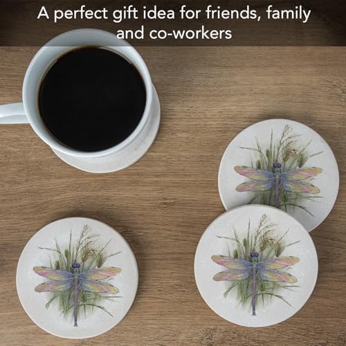 Thirstystone Dragonfly 4 Pack Round Natural Sandstone Coasters | Protective Cork Backing, Manufactured in the USA