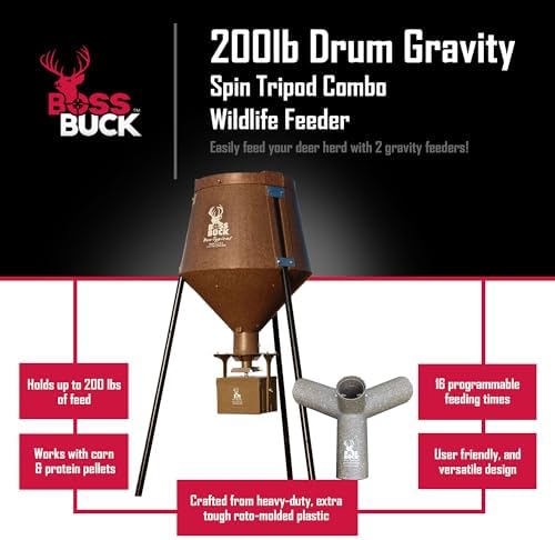 BOSS BUCK 200 LB Deer Feeder/Hunting Durable Lightweight Plastic UV Protected Waterproof Game Feeder with Protein 3 Feed Tubes Head, 12V Spinner Automatic Delivery System & Multi-Piece Legs | Auto feed system for outdoor, wildlife and hunting, 200 pound…