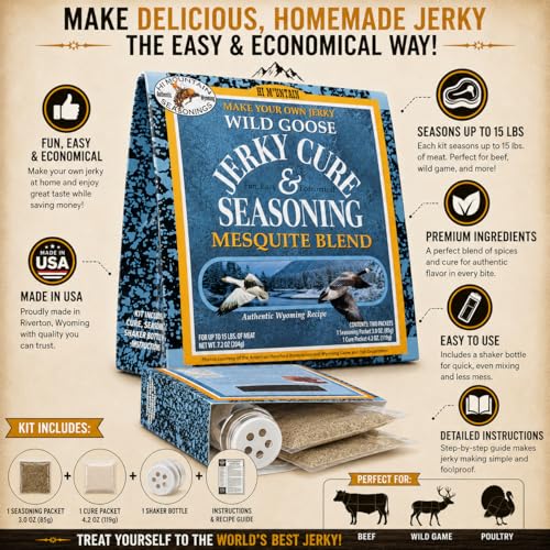 Hi Mountain Goose Jerky Seasoning & Cure Kit | MEQUITE | Makes 15 lbs | Make homemade goose, duck & waterfowl jerky with bold mesquite smoke flavor for smoker, dehydrator & oven