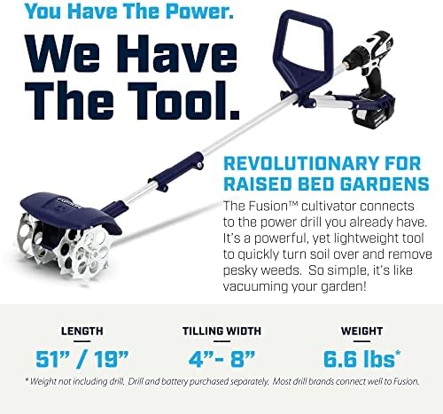 Fusion Drill-Powered Cultivator, Adjustable Tilling Width Up To 8”, Tilling Depth Up To 5.5”, Compatible With Most Cordless Drills