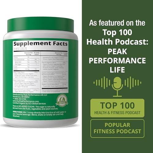 Peak Performance Organic Greens Superfood Powder. Best Tasting Super Greens | Powder with 25+ Organic Ingredients for Max Energy and Athletic Performance. Vegan Keto Green Juice Daily Drink