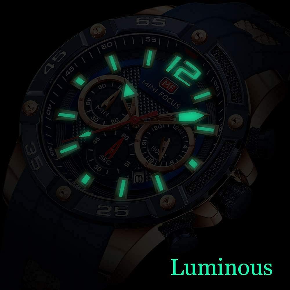 MF MINI FOCUS Men Watch, Chronograph Waterproof Sport Analog Quartz Watches Blue Silicon Strap Fashion Wristwatch for Men