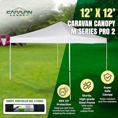 Caravan Canopy 12 by 12 Foot Polyester Straight Steel Leg Instant Pop Up Canopy Tent with Adjustable Height for Outdoor Events, Blue | 150D polyester top with 99 percent UV protection, 3 height settings to 9 ft, steel frame, roller bag and 4 stakes