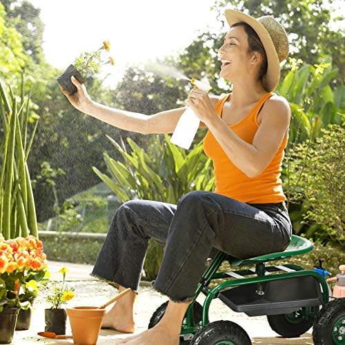 Giantex Rolling Garden Cart with Seat, 4-Wheel Gardening Workseat with Storage Basket, Swivel Stool Adjustable Seat, Steering Handle