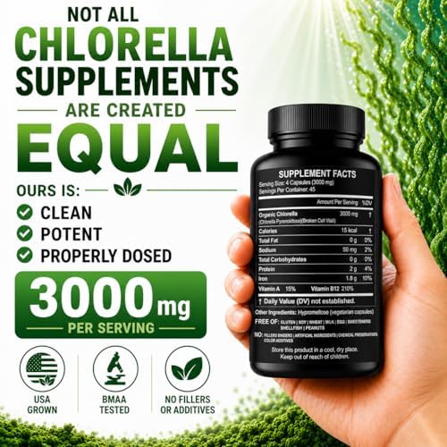 Chlorella Capsules 3000 mg - Cracked Cell Wall Blue Green Algae Supplement - Best Natural Detox Cleanse - Plant Vitamins Minerals Chlorophyll Vegan