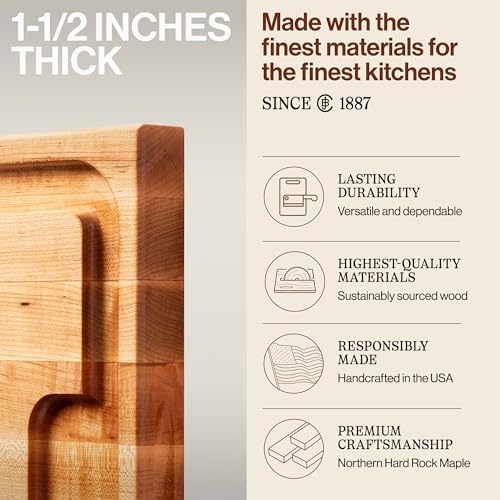John Boos Aujus Series Rectangular Wooden Maple Cutting Board 20”x15” – 1.5” Thick, 12-lb Reversible Butcher Block with Sloped Juice Groove, Edge-Grain & Finger Grips – Made in the USA