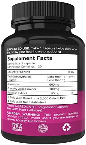 D-Mannose Capsules, 600mg D mannose with Cranberry, 120 Caps | 750mg Formula for Bladder, Urinary Tract and UTI Support, D-Mannose